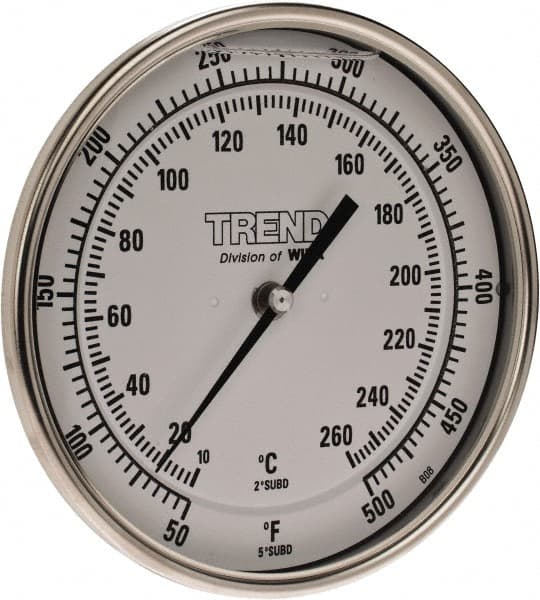 Wika - 4 Inch Long Stem, 5 Inch Dial Diameter, Stainless Steel, Back Connected Bi-Metal Thermometer - 10 to 260°C, 1% Accuracy - Americas Industrial Supply