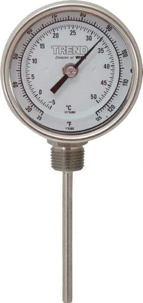 Wika - 4 Inch Long Stem, 3 Inch Dial Diameter, Stainless Steel, Bottom Connected Bi-Metal Thermometer - -5 to 50°C, 1% Accuracy - Americas Industrial Supply