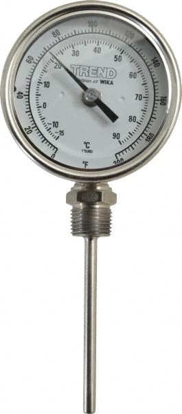 Wika - 4 Inch Long Stem, 3 Inch Dial Diameter, Stainless Steel, Bottom Connected Bi-Metal Thermometer - -15 to 90°C, 1% Accuracy - Americas Industrial Supply