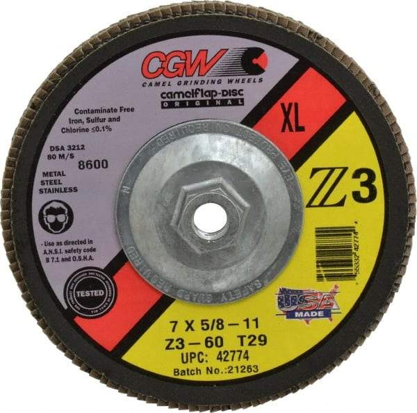 Camel Grinding Wheels - 60 Grit, 7" Disc Diam, 5/8-11 Center Hole, Type 29 Zirconia Alumina Flap Disc - 8,600 Max RPM, Poly Cotton Backing, Arbor Attaching System, Coated - Americas Industrial Supply