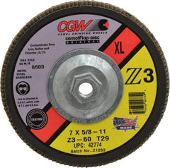 Camel Grinding Wheels - 60 Grit, 7" Disc Diam, 5/8-11 Center Hole, Type 29 Zirconia Alumina Flap Disc - 8,600 Max RPM, Poly Cotton Backing, Arbor Attaching System, Coated - Americas Industrial Supply