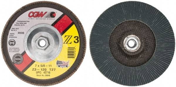 Camel Grinding Wheels - 120 Grit, 7" Disc Diam, 5/8-11 Center Hole, Type 27 Zirconia Alumina Flap Disc - 8,600 Max RPM, Poly Cotton Backing, Arbor Attaching System, Coated - Americas Industrial Supply