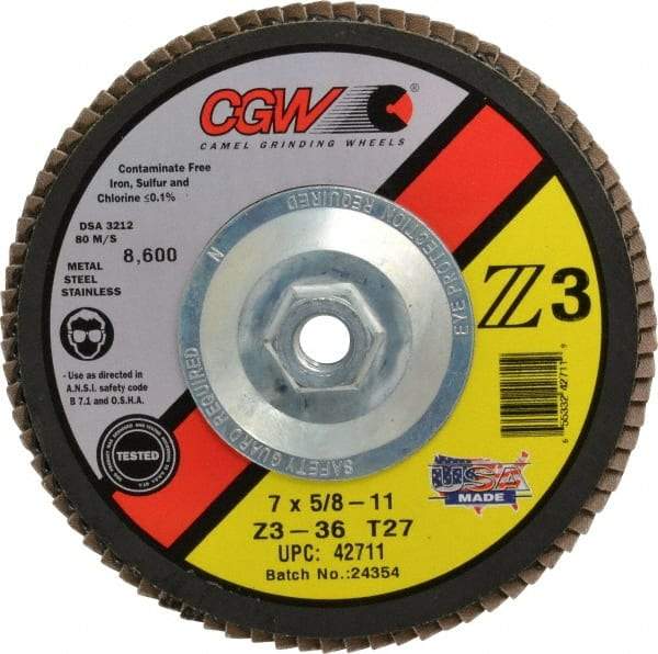 Camel Grinding Wheels - 36 Grit, 7" Disc Diam, 5/8-11 Center Hole, Type 27 Zirconia Alumina Flap Disc - 8,600 Max RPM, Poly Cotton Backing, Arbor Attaching System, Coated - Americas Industrial Supply