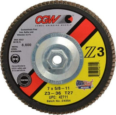 Camel Grinding Wheels - 36 Grit, 7" Disc Diam, 5/8-11 Center Hole, Type 27 Zirconia Alumina Flap Disc - 8,600 Max RPM, Poly Cotton Backing, Arbor Attaching System, Coated - Americas Industrial Supply