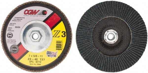 Camel Grinding Wheels - 40 Grit, 7" Disc Diam, 5/8-11 Center Hole, Type 27 Zirconia Alumina Flap Disc - 8,600 Max RPM, Poly Cotton Backing, Arbor Attaching System, Coated - Americas Industrial Supply