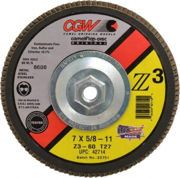Camel Grinding Wheels - 60 Grit, 7" Disc Diam, 5/8-11 Center Hole, Type 27 Zirconia Alumina Flap Disc - 8,600 Max RPM, Poly Cotton Backing, Arbor Attaching System, Coated - Americas Industrial Supply
