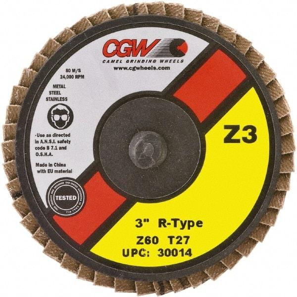 Camel Grinding Wheels - 40 Grit, 3" Disc Diam, Type 27 Zirconia Alumina Flap Disc - 24,000 Max RPM, Poly Cotton Backing, Quick Change Type R Attaching System, Coated - Americas Industrial Supply