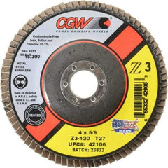 Camel Grinding Wheels - 120 Grit, 4" Disc Diam, 5/8" Center Hole, Type 27 Zirconia Alumina Flap Disc - 15,300 Max RPM, Poly Cotton Backing, Arbor Attaching System, Coated - Americas Industrial Supply