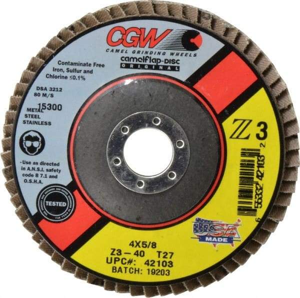 Camel Grinding Wheels - 40 Grit, 4" Disc Diam, 5/8" Center Hole, Type 27 Zirconia Alumina Flap Disc - 15,300 Max RPM, Poly Cotton Backing, Arbor Attaching System, Coated - Americas Industrial Supply