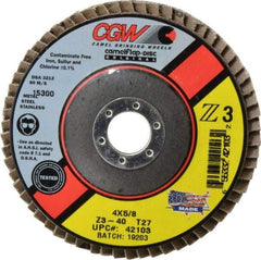 Camel Grinding Wheels - 40 Grit, 4" Disc Diam, 5/8" Center Hole, Type 27 Zirconia Alumina Flap Disc - 15,300 Max RPM, Poly Cotton Backing, Arbor Attaching System, Coated - Americas Industrial Supply