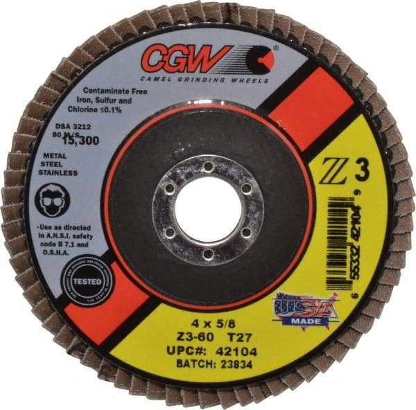 Camel Grinding Wheels - 60 Grit, 4" Disc Diam, 5/8" Center Hole, Type 27 Zirconia Alumina Flap Disc - 15,300 Max RPM, Poly Cotton Backing, Arbor Attaching System, Coated - Americas Industrial Supply