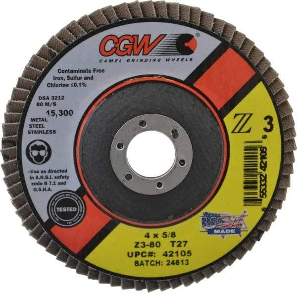Camel Grinding Wheels - 80 Grit, 4" Disc Diam, 5/8" Center Hole, Type 27 Zirconia Alumina Flap Disc - 15,300 Max RPM, Poly Cotton Backing, Arbor Attaching System, Coated - Americas Industrial Supply