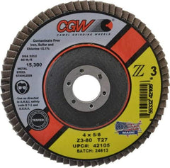 Camel Grinding Wheels - 80 Grit, 4" Disc Diam, 5/8" Center Hole, Type 27 Zirconia Alumina Flap Disc - 15,300 Max RPM, Poly Cotton Backing, Arbor Attaching System, Coated - Americas Industrial Supply