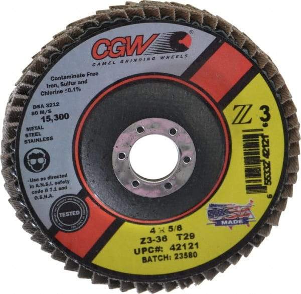 Camel Grinding Wheels - 36 Grit, 4" Disc Diam, 5/8" Center Hole, Type 29 Zirconia Alumina Flap Disc - 15,300 Max RPM, Poly Cotton Backing, Arbor Attaching System, Coated - Americas Industrial Supply