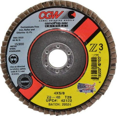 Camel Grinding Wheels - 40 Grit, 4" Disc Diam, 5/8" Center Hole, Type 29 Zirconia Alumina Flap Disc - 15,300 Max RPM, Poly Cotton Backing, Arbor Attaching System, Coated - Americas Industrial Supply