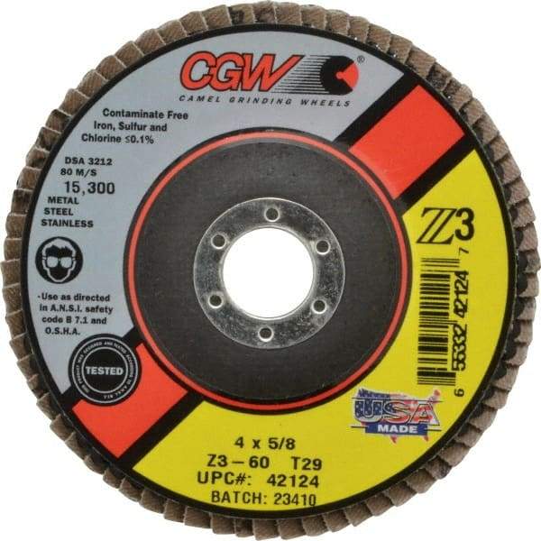 Camel Grinding Wheels - 60 Grit, 4" Disc Diam, 5/8" Center Hole, Type 29 Zirconia Alumina Flap Disc - 15,300 Max RPM, Poly Cotton Backing, Arbor Attaching System, Coated - Americas Industrial Supply