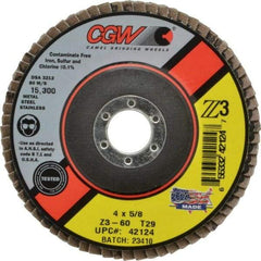 Camel Grinding Wheels - 60 Grit, 4" Disc Diam, 5/8" Center Hole, Type 29 Zirconia Alumina Flap Disc - 15,300 Max RPM, Poly Cotton Backing, Arbor Attaching System, Coated - Americas Industrial Supply