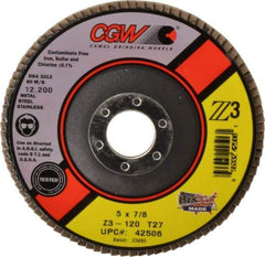 Camel Grinding Wheels - 120 Grit, 5" Disc Diam, 7/8" Center Hole, Type 27 Zirconia Alumina Flap Disc - 12,200 Max RPM, Poly Cotton Backing, Arbor Attaching System, Coated - Americas Industrial Supply