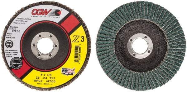 Camel Grinding Wheels - 24 Grit, 5" Disc Diam, 7/8" Center Hole, Type 27 Zirconia Alumina Flap Disc - 12,200 Max RPM, Poly Cotton Backing, Arbor Attaching System, Coated - Americas Industrial Supply