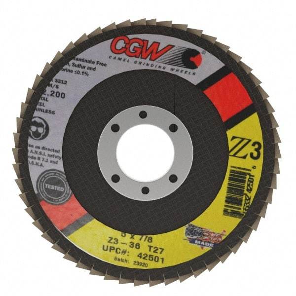 Camel Grinding Wheels - 36 Grit, 5" Disc Diam, 7/8" Center Hole, Type 27 Zirconia Alumina Flap Disc - 12,200 Max RPM, Poly Cotton Backing, Arbor Attaching System, Coated - Americas Industrial Supply