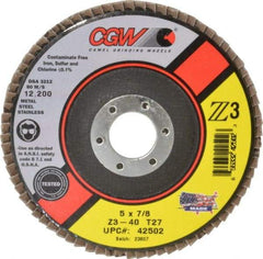 Camel Grinding Wheels - 40 Grit, 5" Disc Diam, 7/8" Center Hole, Type 27 Zirconia Alumina Flap Disc - 12,200 Max RPM, Poly Cotton Backing, Arbor Attaching System, Coated - Americas Industrial Supply