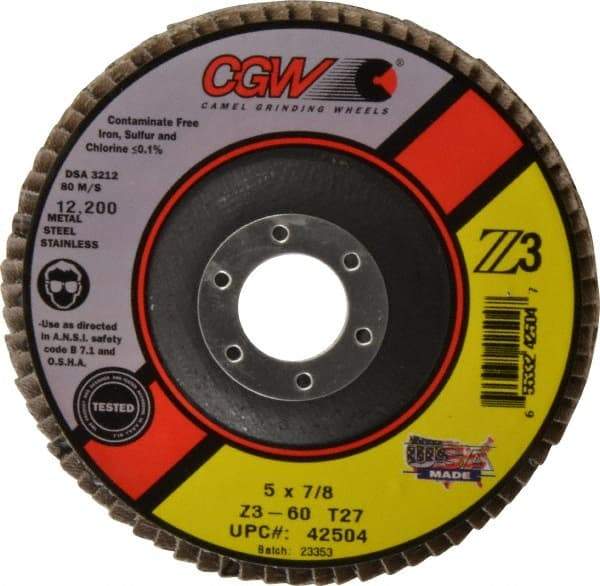 Camel Grinding Wheels - 60 Grit, 5" Disc Diam, 7/8" Center Hole, Type 27 Zirconia Alumina Flap Disc - 12,200 Max RPM, Poly Cotton Backing, Arbor Attaching System, Coated - Americas Industrial Supply