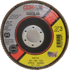 Camel Grinding Wheels - 80 Grit, 5" Disc Diam, 7/8" Center Hole, Type 27 Zirconia Alumina Flap Disc - 12,200 Max RPM, Poly Cotton Backing, Arbor Attaching System, Coated - Americas Industrial Supply
