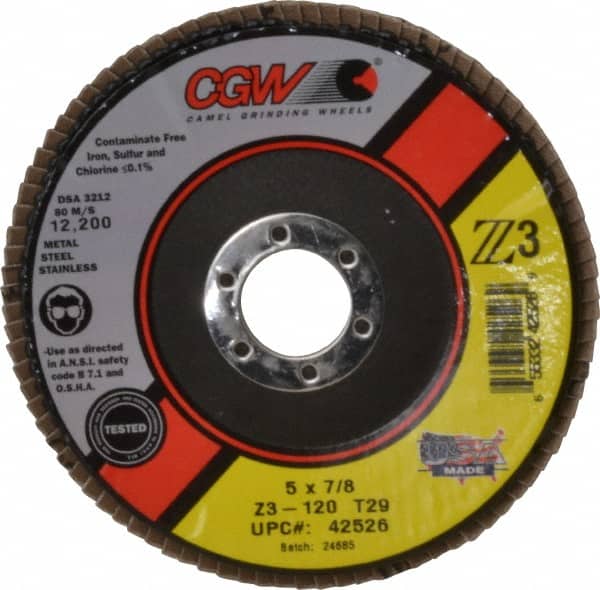 Camel Grinding Wheels - 120 Grit, 5" Disc Diam, 7/8" Center Hole, Type 29 Zirconia Alumina Flap Disc - 12,200 Max RPM, Poly Cotton Backing, Arbor Attaching System, Coated - Americas Industrial Supply