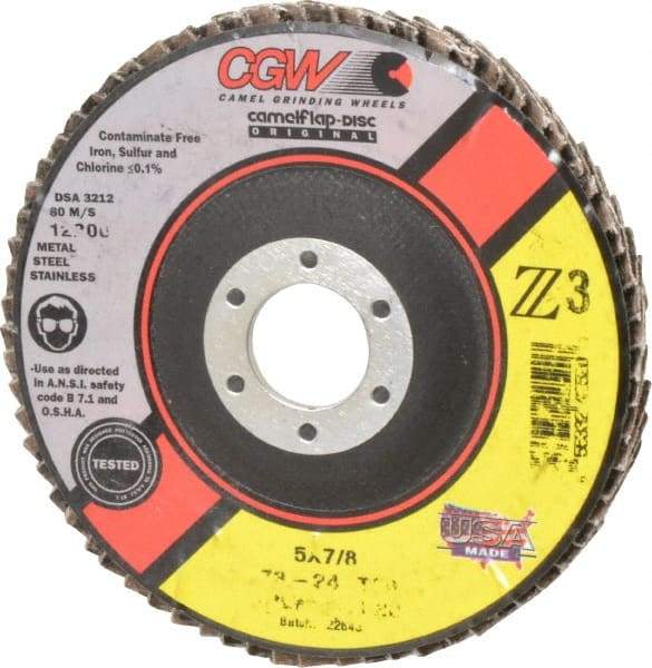 Camel Grinding Wheels - 24 Grit, 5" Disc Diam, 7/8" Center Hole, Type 29 Zirconia Alumina Flap Disc - 12,200 Max RPM, Poly Cotton Backing, Arbor Attaching System, Coated - Americas Industrial Supply