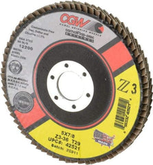 Camel Grinding Wheels - 36 Grit, 5" Disc Diam, 7/8" Center Hole, Type 29 Zirconia Alumina Flap Disc - 12,200 Max RPM, Poly Cotton Backing, Arbor Attaching System, Coated - Americas Industrial Supply