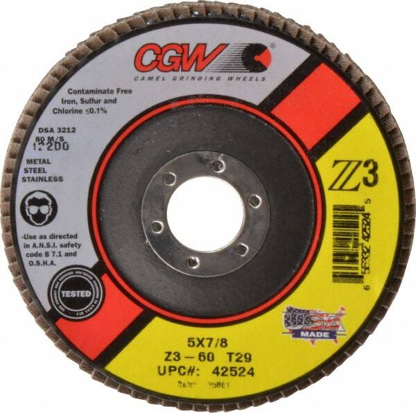 Camel Grinding Wheels - 60 Grit, 5" Disc Diam, 7/8" Center Hole, Type 29 Zirconia Alumina Flap Disc - 12,200 Max RPM, Poly Cotton Backing, Arbor Attaching System, Coated - Americas Industrial Supply
