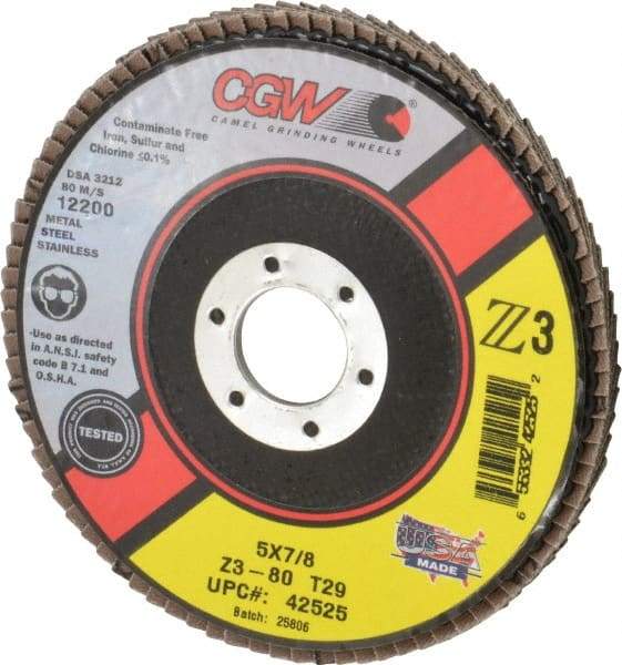 Camel Grinding Wheels - 80 Grit, 5" Disc Diam, 7/8" Center Hole, Type 29 Zirconia Alumina Flap Disc - 12,200 Max RPM, Poly Cotton Backing, Arbor Attaching System, Coated - Americas Industrial Supply
