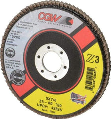 Camel Grinding Wheels - 80 Grit, 5" Disc Diam, 7/8" Center Hole, Type 29 Zirconia Alumina Flap Disc - 12,200 Max RPM, Poly Cotton Backing, Arbor Attaching System, Coated - Americas Industrial Supply