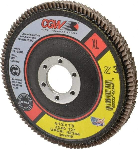 Camel Grinding Wheels - 60 Grit, 4-1/2" Disc Diam, 7/8" Center Hole, Type 27 Zirconia Alumina Flap Disc - 13,300 Max RPM, Poly Cotton Backing, Arbor Attaching System, Coated - Americas Industrial Supply