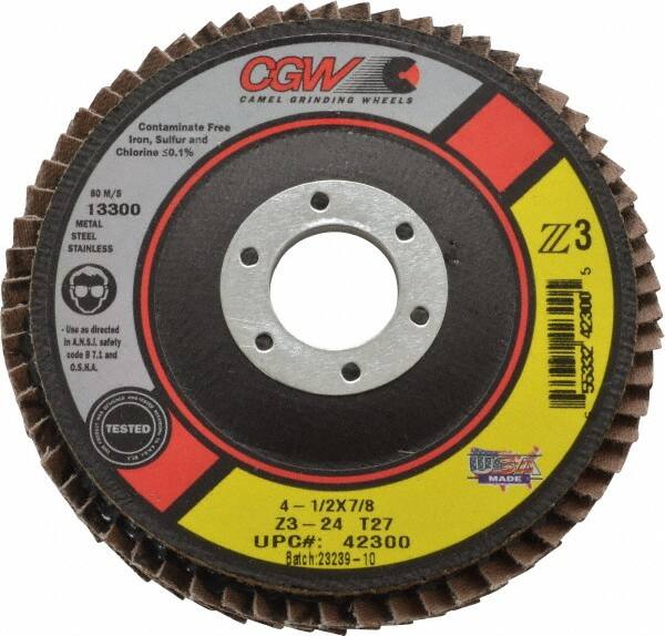Camel Grinding Wheels - 24 Grit, 4-1/2" Disc Diam, 7/8" Center Hole, Type 27 Zirconia Alumina Flap Disc - 13,300 Max RPM, Poly Cotton Backing, Arbor Attaching System, Coated - Americas Industrial Supply