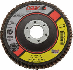 Camel Grinding Wheels - 24 Grit, 4-1/2" Disc Diam, 7/8" Center Hole, Type 27 Zirconia Alumina Flap Disc - 13,300 Max RPM, Poly Cotton Backing, Arbor Attaching System, Coated - Americas Industrial Supply