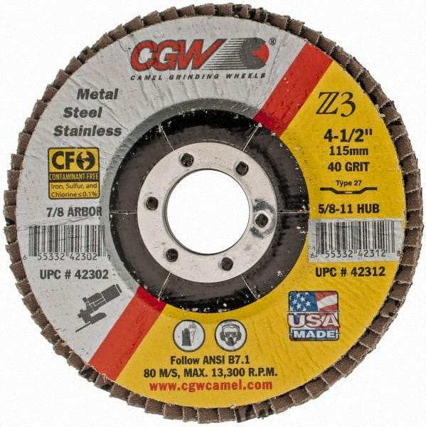 Camel Grinding Wheels - 40 Grit, 4-1/2" Disc Diam, 7/8" Center Hole, Type 27 Zirconia Alumina Flap Disc - 13,300 Max RPM, Poly Cotton Backing, Arbor Attaching System, Coated - Americas Industrial Supply