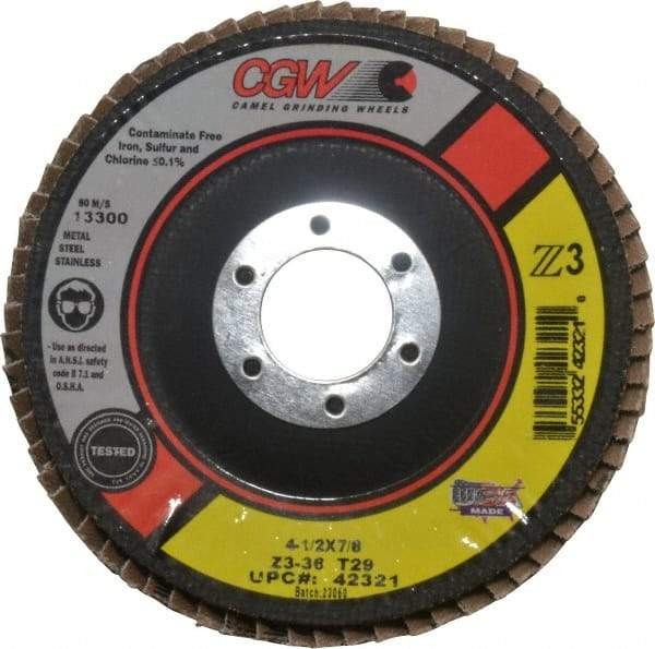 Camel Grinding Wheels - 36 Grit, 4-1/2" Disc Diam, 7/8" Center Hole, Type 29 Zirconia Alumina Flap Disc - 13,300 Max RPM, Poly Cotton Backing, Arbor Attaching System, Coated - Americas Industrial Supply