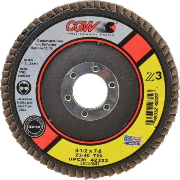 Camel Grinding Wheels - 40 Grit, 4-1/2" Disc Diam, 7/8" Center Hole, Type 29 Zirconia Alumina Flap Disc - 13,300 Max RPM, Poly Cotton Backing, Arbor Attaching System, Coated - Americas Industrial Supply