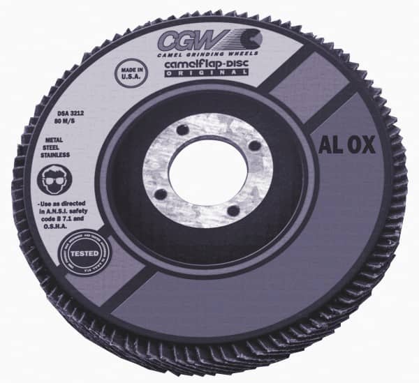 Camel Grinding Wheels - 40 Grit, 4" Disc Diam, 7/8" Center Hole, Type 27 Aluminum Oxide Flap Disc - 15,300 Max RPM, Polyester Backing, Arbor Attaching System, Coated - Americas Industrial Supply