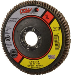 Camel Grinding Wheels - 40 Grit, 4-1/2" Disc Diam, 7/8" Center Hole, Type 27 Zirconia Alumina Flap Disc - 13,300 Max RPM, Poly Cotton Backing, Arbor Attaching System, Coated - Americas Industrial Supply