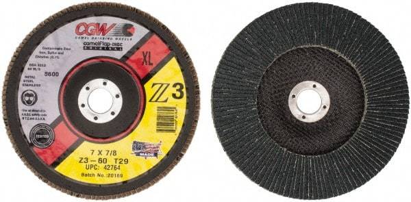Camel Grinding Wheels - 60 Grit, 7" Disc Diam, 7/8" Center Hole, Type 29 Zirconia Alumina Flap Disc - 8,600 Max RPM, Poly Cotton Backing, Arbor Attaching System, Coated - Americas Industrial Supply
