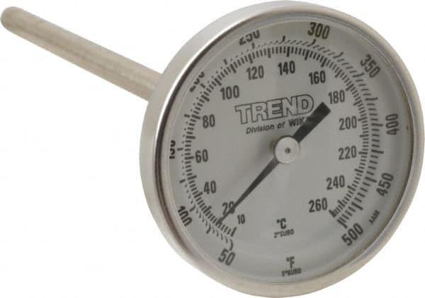 Wika - 6 Inch Long Stem, 2 Inch Dial Diameter, Stainless Steel, Back Connected Bi-Metal Thermometer - 10 to 260°C, 1% Accuracy - Americas Industrial Supply