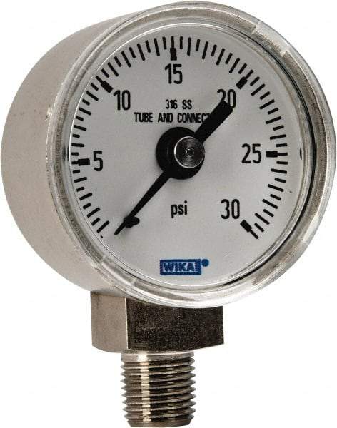Wika - 1-1/2" Dial, 1/8 Thread, 0-30 Scale Range, Pressure Gauge - Lower Connection Mount, Accurate to 2.5% of Scale - Americas Industrial Supply