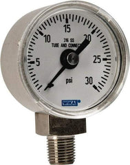 Wika - 1-1/2" Dial, 1/8 Thread, 0-30 Scale Range, Pressure Gauge - Lower Connection Mount, Accurate to 2.5% of Scale - Americas Industrial Supply