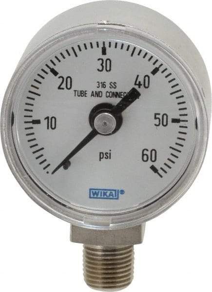 Wika - 1-1/2" Dial, 1/8 Thread, 0-60 Scale Range, Pressure Gauge - Lower Connection Mount, Accurate to 2.5% of Scale - Americas Industrial Supply