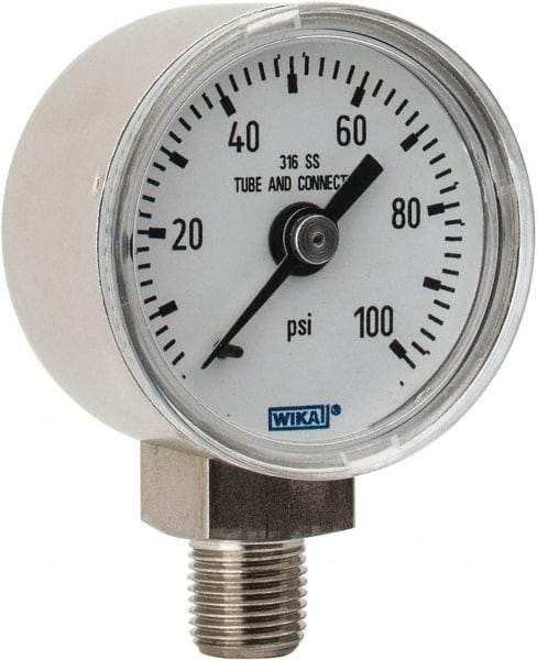 Wika - 1-1/2" Dial, 1/8 Thread, 0-100 Scale Range, Pressure Gauge - Lower Connection Mount, Accurate to 2.5% of Scale - Americas Industrial Supply