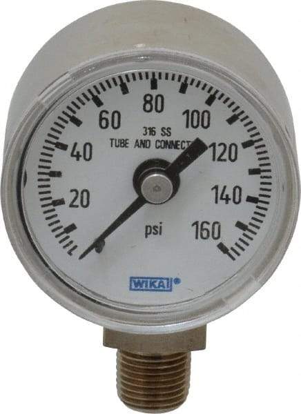 Wika - 1-1/2" Dial, 1/8 Thread, 0-160 Scale Range, Pressure Gauge - Lower Connection Mount, Accurate to 2.5% of Scale - Americas Industrial Supply