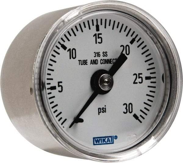 Wika - 1-1/2" Dial, 1/8 Thread, 0-30 Scale Range, Pressure Gauge - Center Back Connection Mount, Accurate to 2.5% of Scale - Americas Industrial Supply