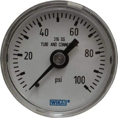 Wika - 1-1/2" Dial, 1/8 Thread, 0-100 Scale Range, Pressure Gauge - Center Back Connection Mount, Accurate to 2.5% of Scale - Americas Industrial Supply